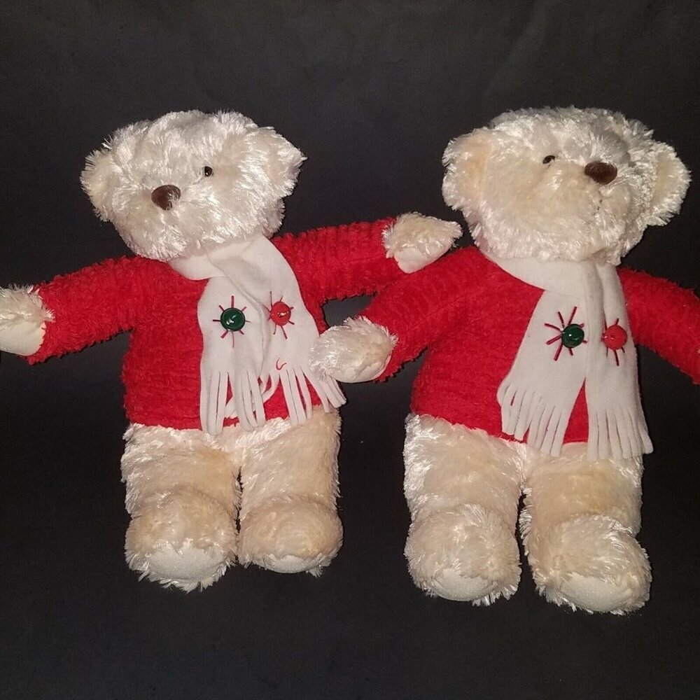 2 Hallmark Jingle Bells Teddy Bear Plush Lot Christmas Music Red Sweater READ